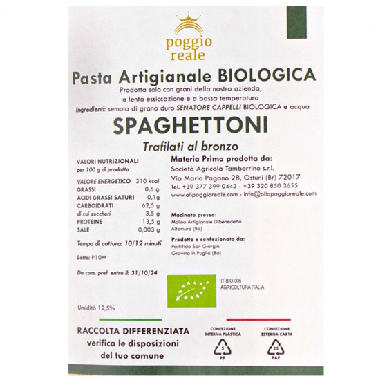Spaghettoni Artigianali Biologici Semola Grano Duro Senatore Cappelli Grammi 500