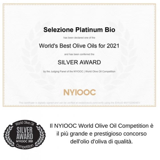 Olio Extravergine di Oliva Italiano Biologico Platinum Bottiglia Litri 0,500